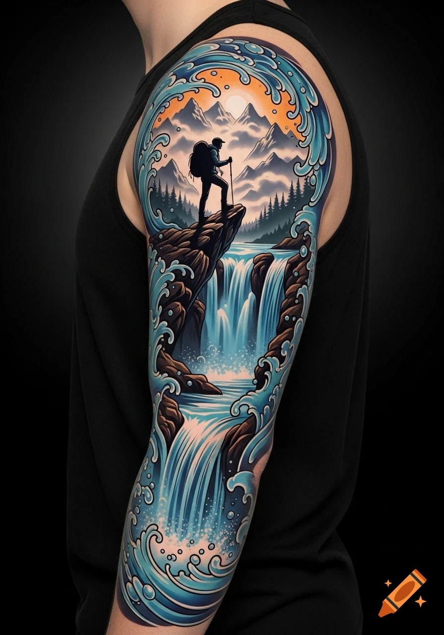 Detailed sleeve tattoo of a hiker on a cliff above waterfalls and mountains, framed by stylized waves, on a person's arm.