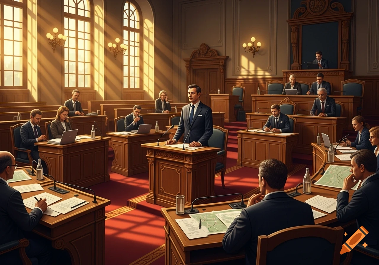 A man in a suit stands at a podium addressing a formal meeting in a grand hall with large windows, while others sit at desks.