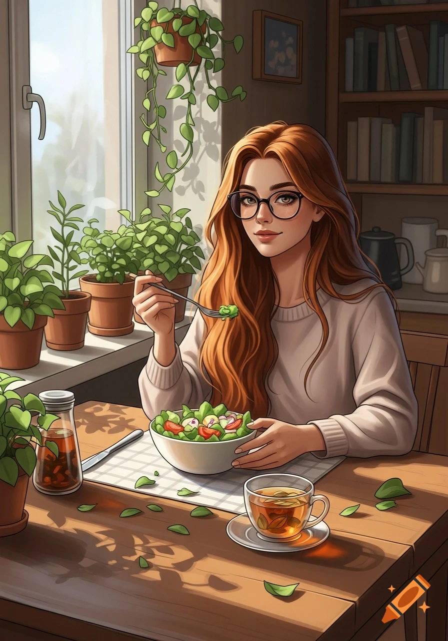 Anime illustration of a red-haired girl with glasses eating a salad at a wooden table, surrounded by potted plants by a sunny window.