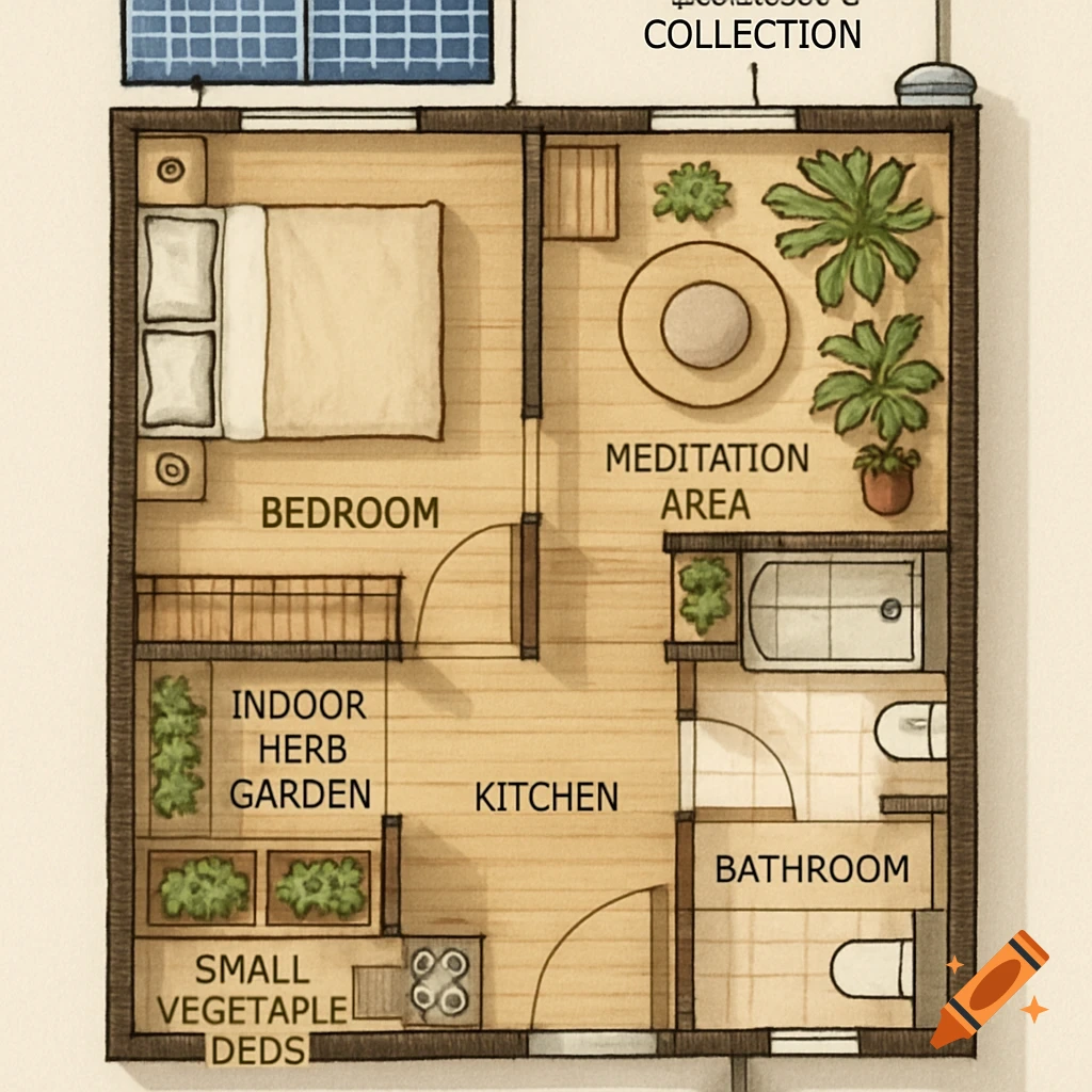 Top-down floor plan of a sustainable tiny house with a bedroom, kitchen, bathroom, meditation area, indoor herb garden, and rooftop solar panels.