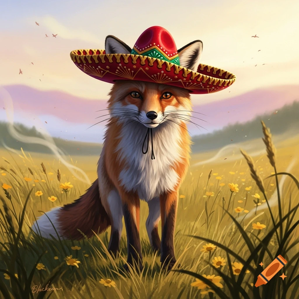 A cute fox wearing a red and gold sombrero stands in a field of yellow flowers at sunset, in a digital painting.