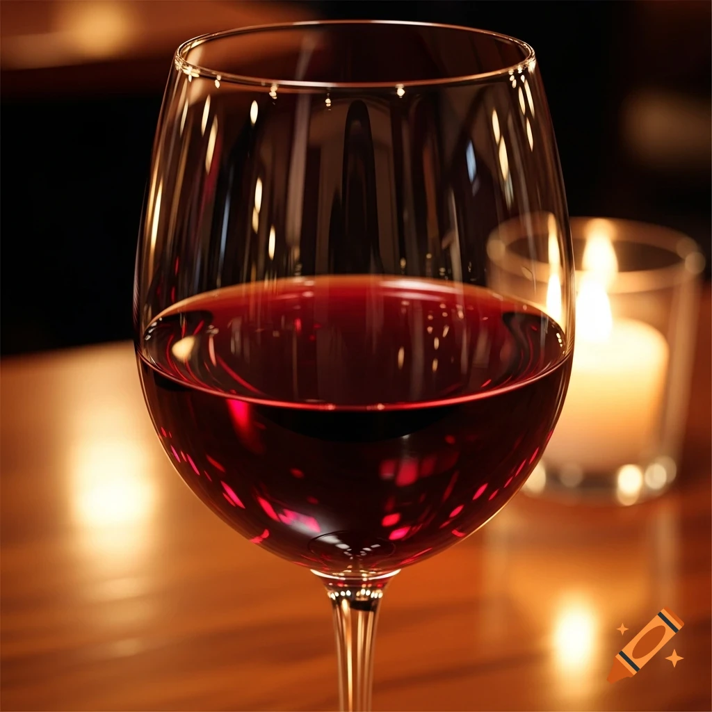 A close-up, photorealistic shot of a red wine glass on a wooden table, with a blurred lit candle in the background.