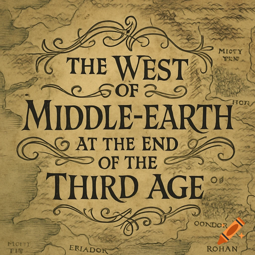 Vintage-style map title card reading 'The West of Middle-Earth at the End of the Third Age' on a tan, detailed map background.