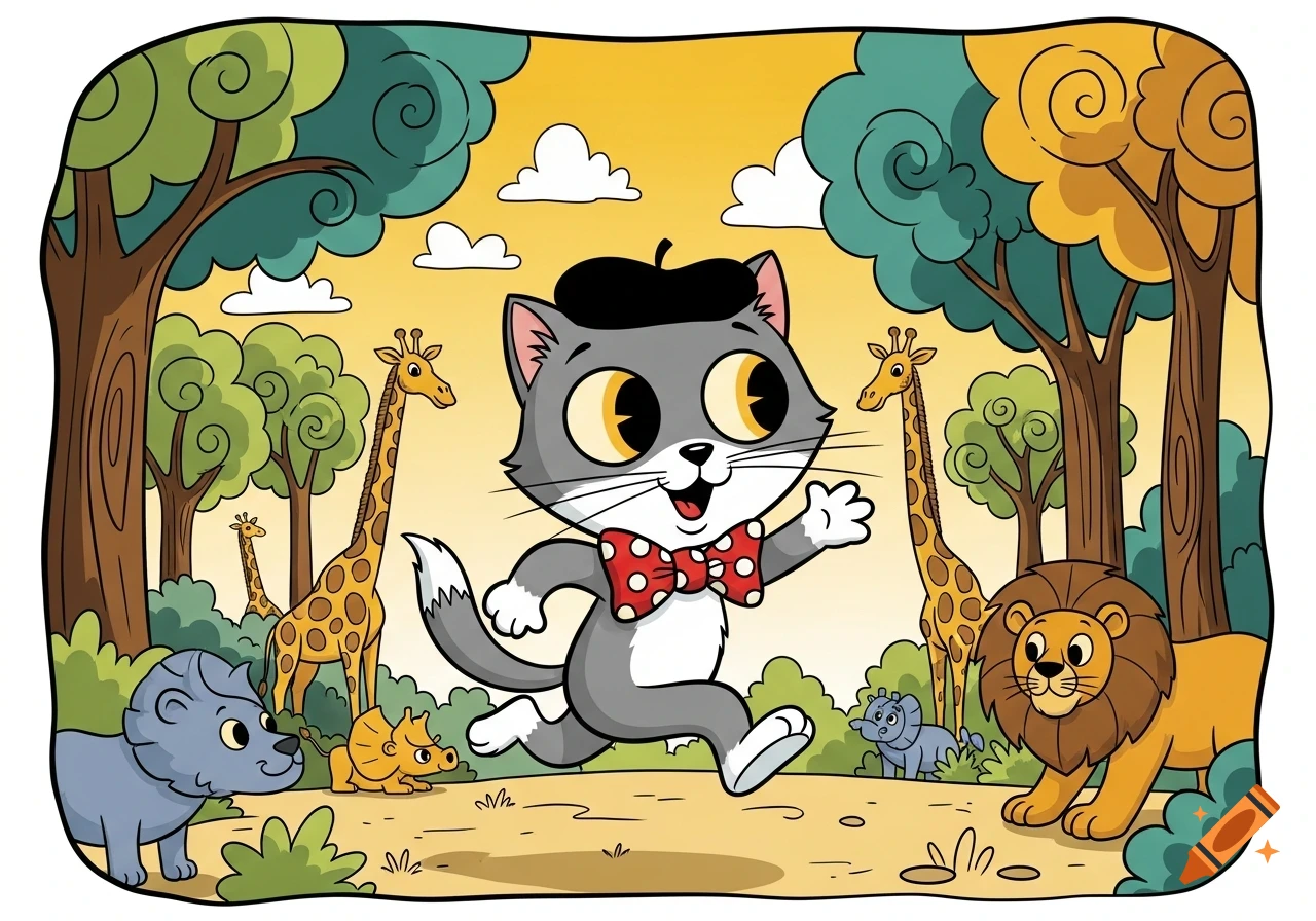 A cartoon gray cat with a black beret and red polka dot bow tie runs through a jungle-like setting with giraffes, a lion, a triceratops, and an elephant.