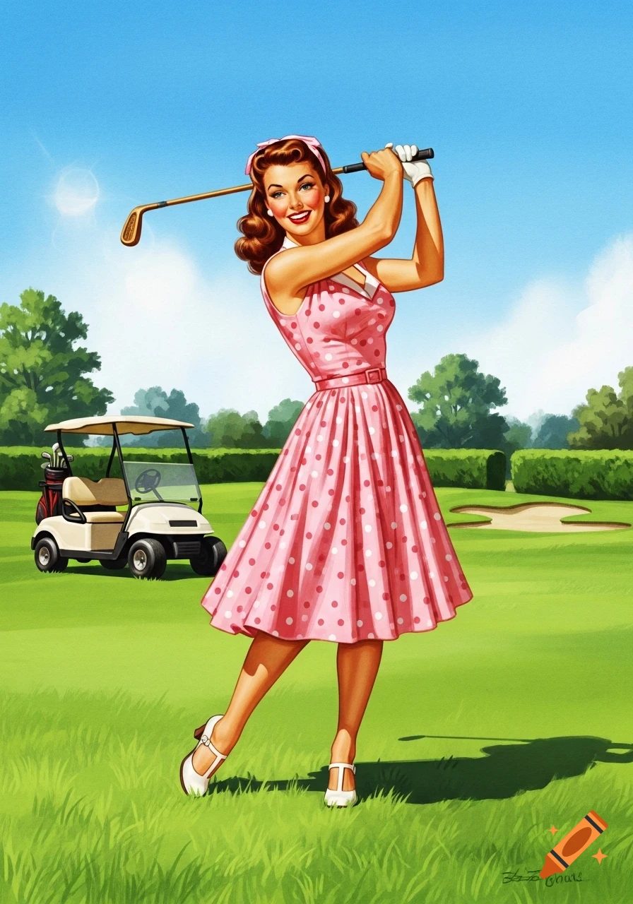 A pin-up style woman in a pink polka dot dress swings a golf club on a sunny green course, a golf cart in the background.