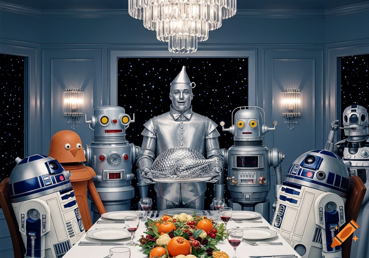 The Tin Man and various robots, including R2D2 units, gather for a futuristic Thanksgiving dinner in a luxurious room with starry windows.