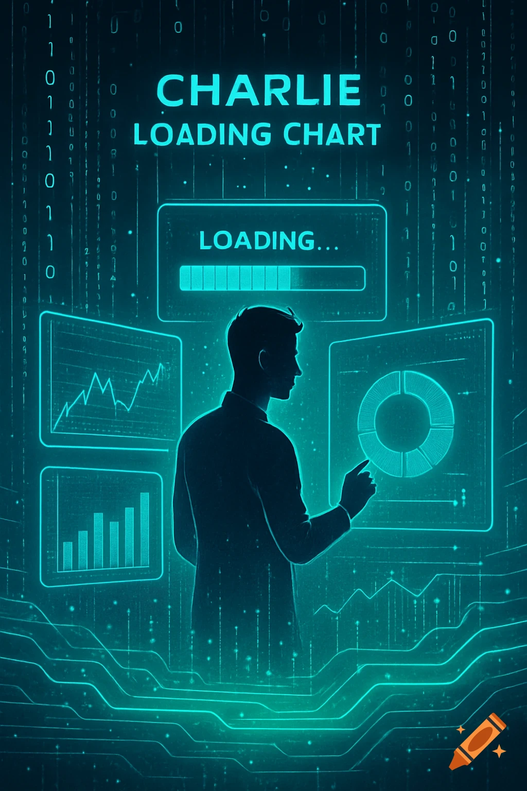 A stylized man interacting with glowing digital charts and a loading bar, set against a background of binary code in a teal hue.