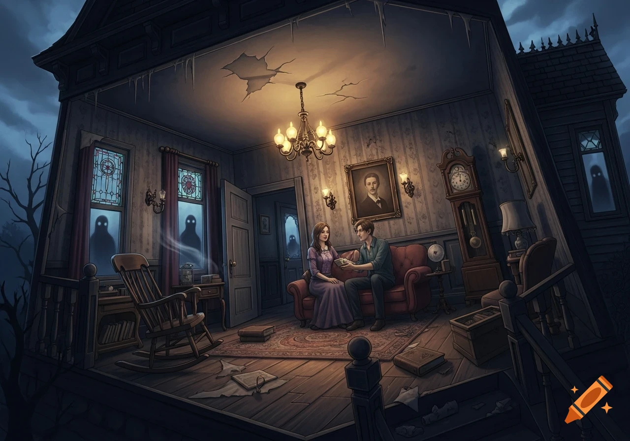 A couple sits on a sofa in a dimly lit, dilapidated room of an old house, watched by shadowy figures in the windows and doorways, in an illustrative style.
