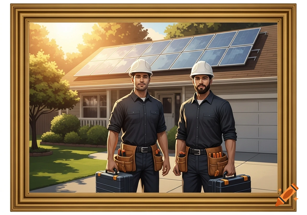 Two solar technicians in hard hats and tool belts stand with toolboxes in front of a suburban home with solar panels, glowing in golden hour.