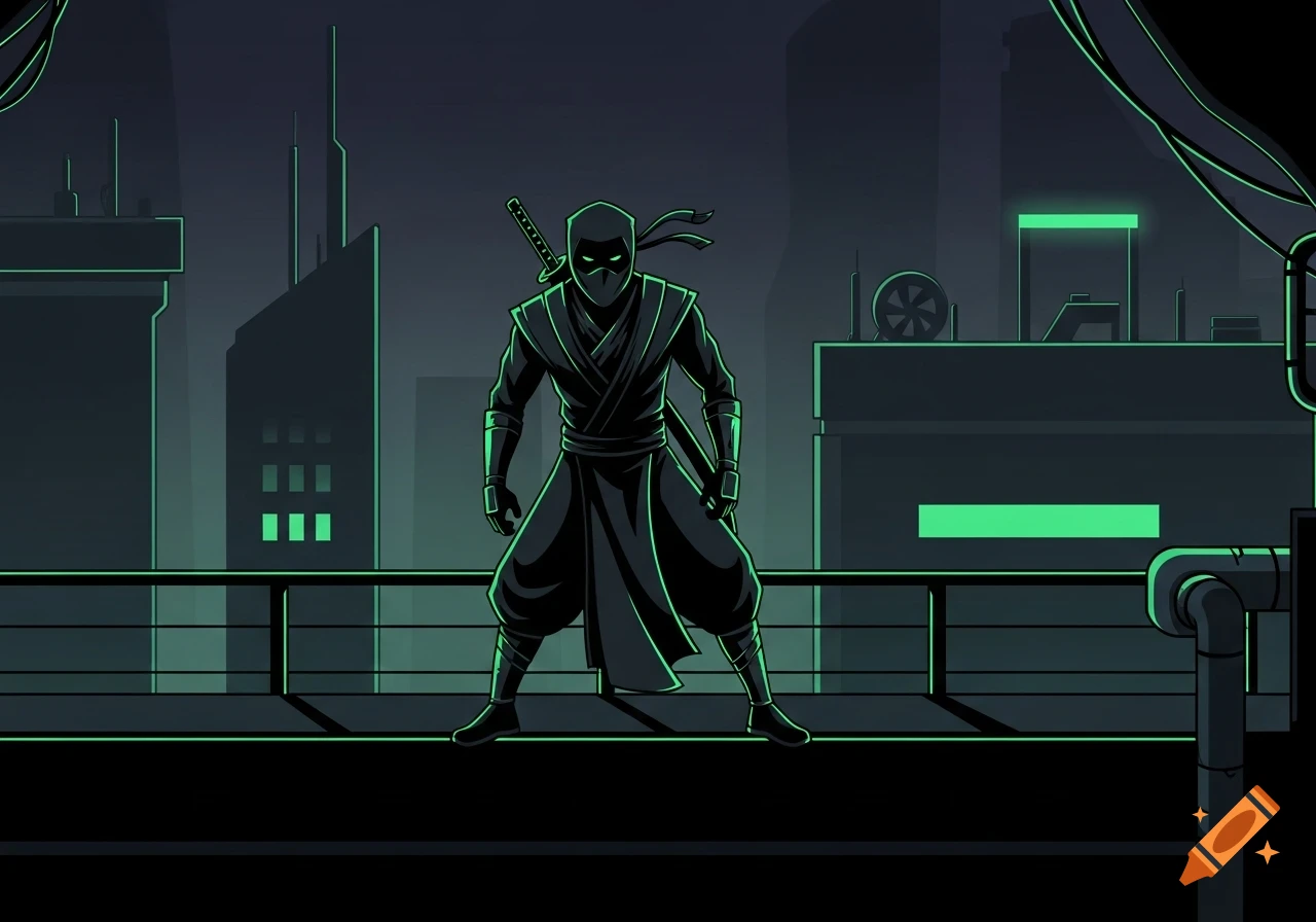 A shadowy ninja with glowing green accents stands on a dark, futuristic rooftop with cyberpunk buildings in cartoon style.