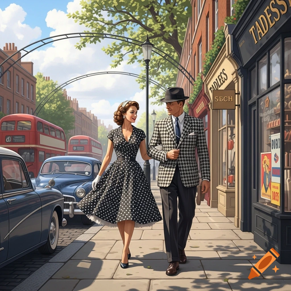 A man and woman in 1950s fashion walk arm-in-arm down a London sidewalk past shops and double-decker buses in an illustrated style.