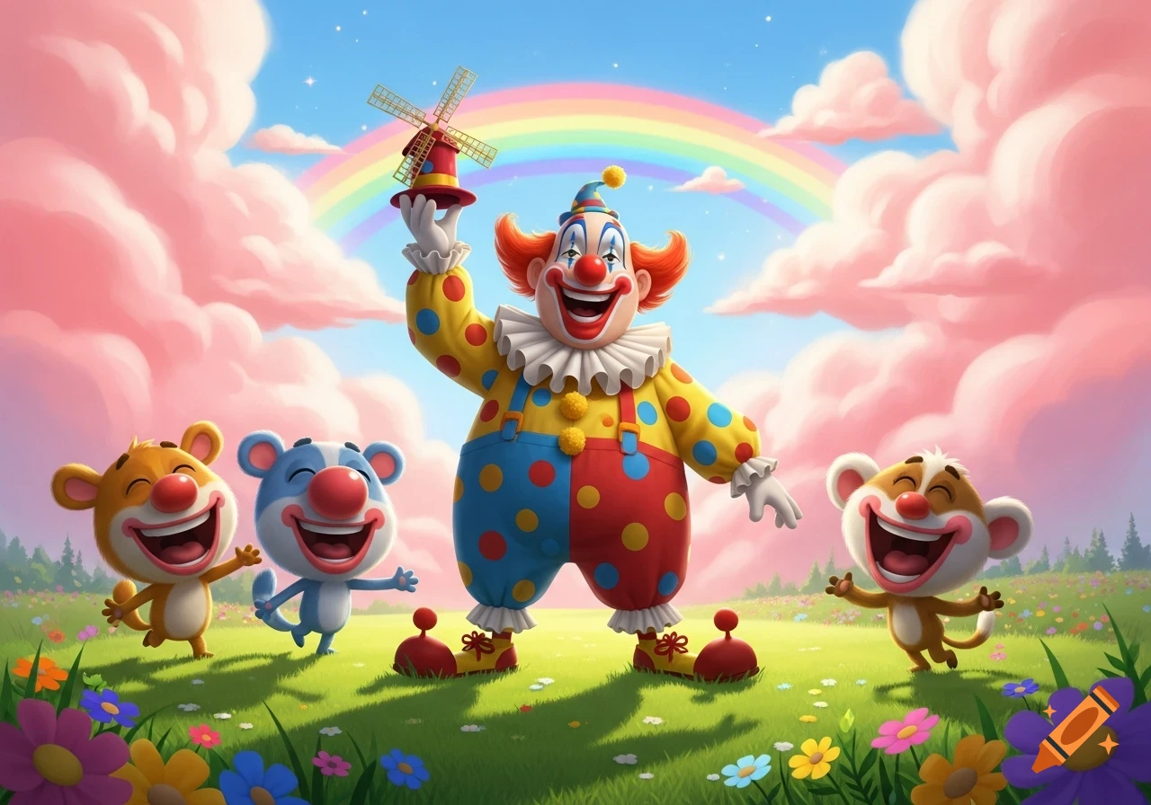 A cheerful cartoon clown holding a windmill toy stands with three happy cartoon mice in a vibrant flowery field under a rainbow and pink clouds.