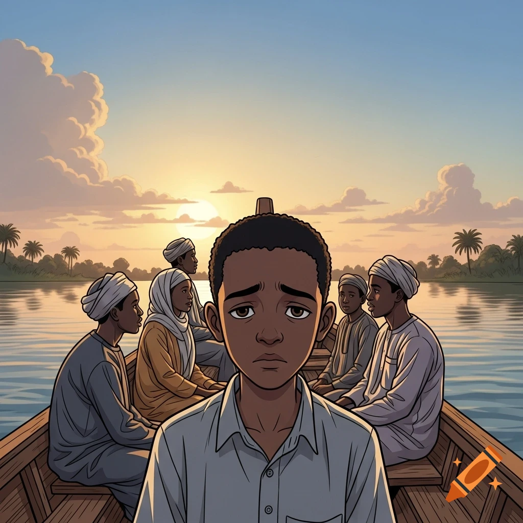 A sad-looking Black teenage boy in a light shirt sits in a boat with other people in traditional dress, on a river at sunset, in a cartoon style.