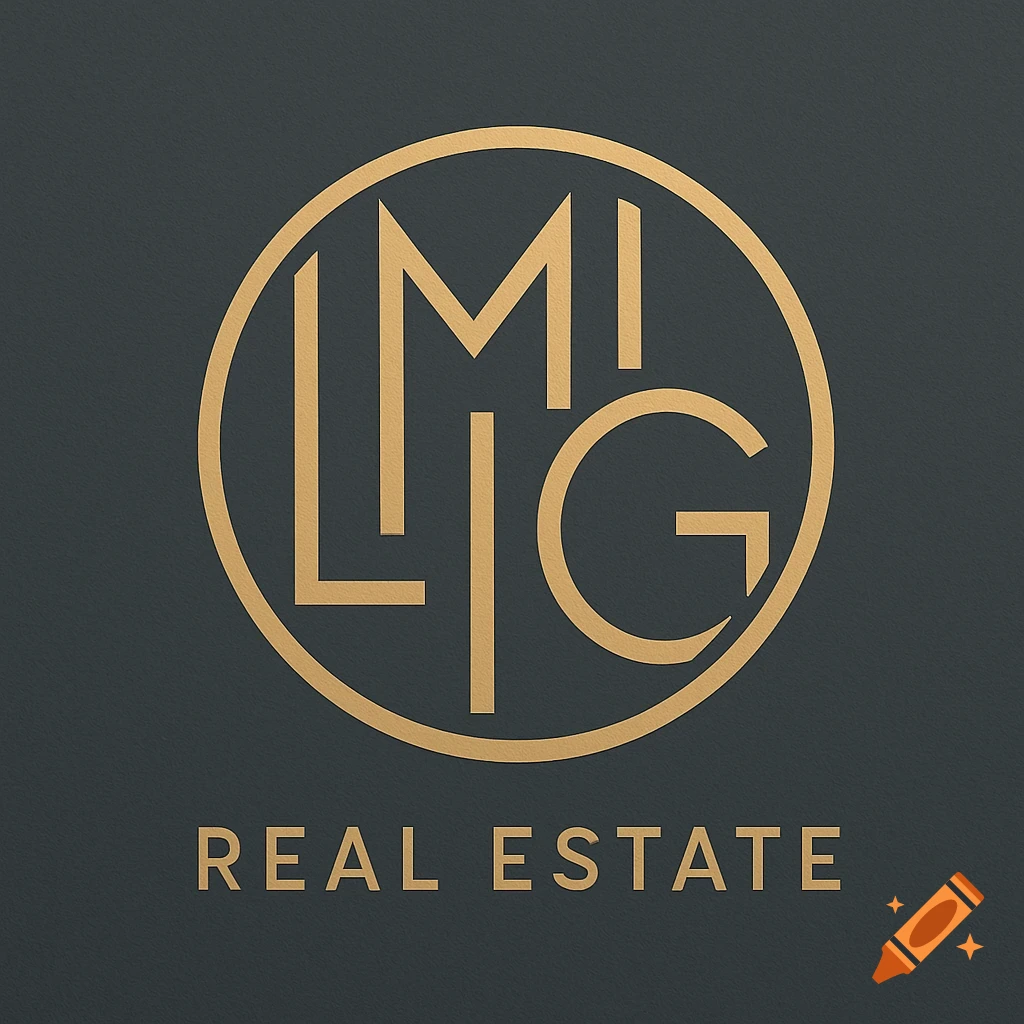 Gold logo with intertwined L, M, I, G in a circle and "REAL ESTATE" text on a dark background.