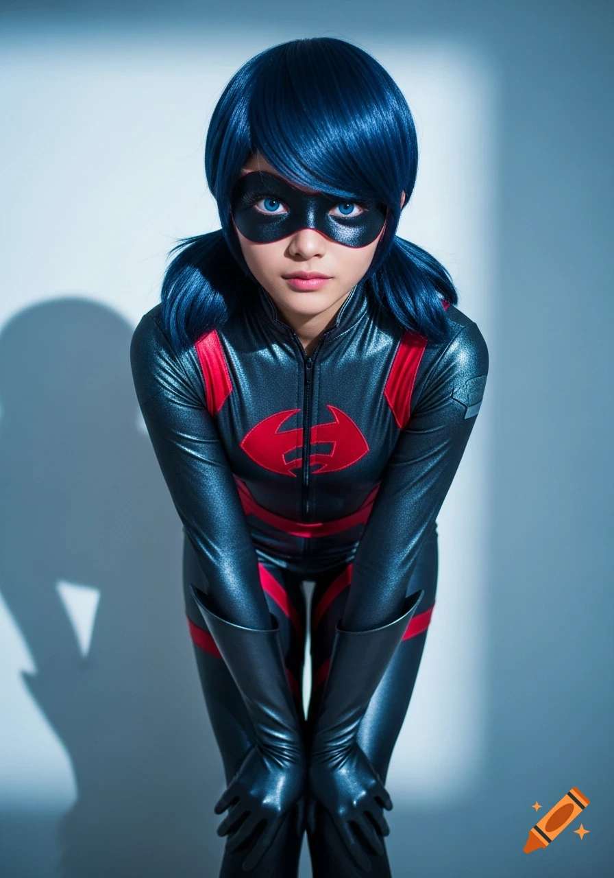 A young woman in a shiny dark blue and red superhero suit with a black mask and blue hair, looking at the camera.