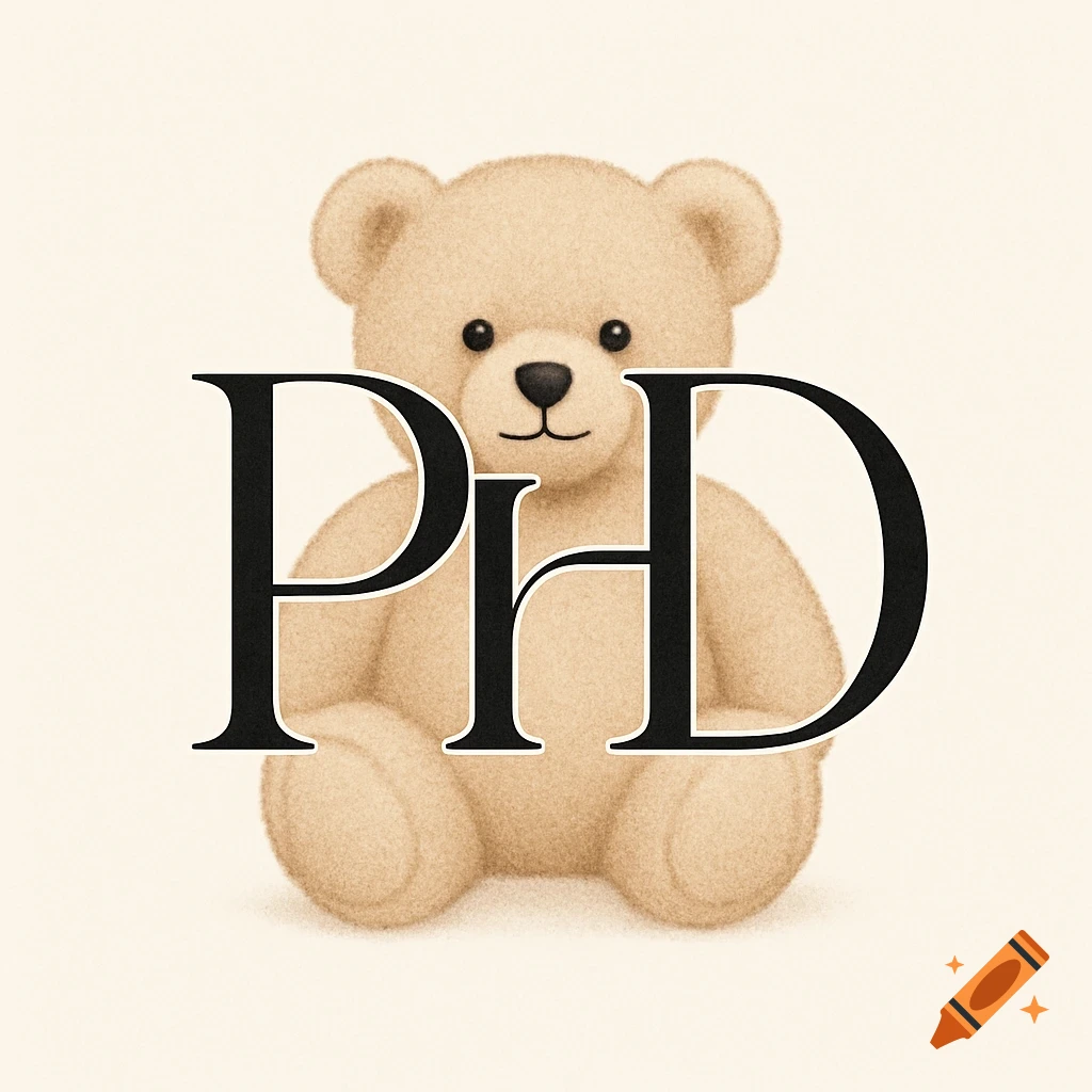 A logo featuring a light brown teddy bear with large, dark serif letters 'PhD' overlaid on its body.