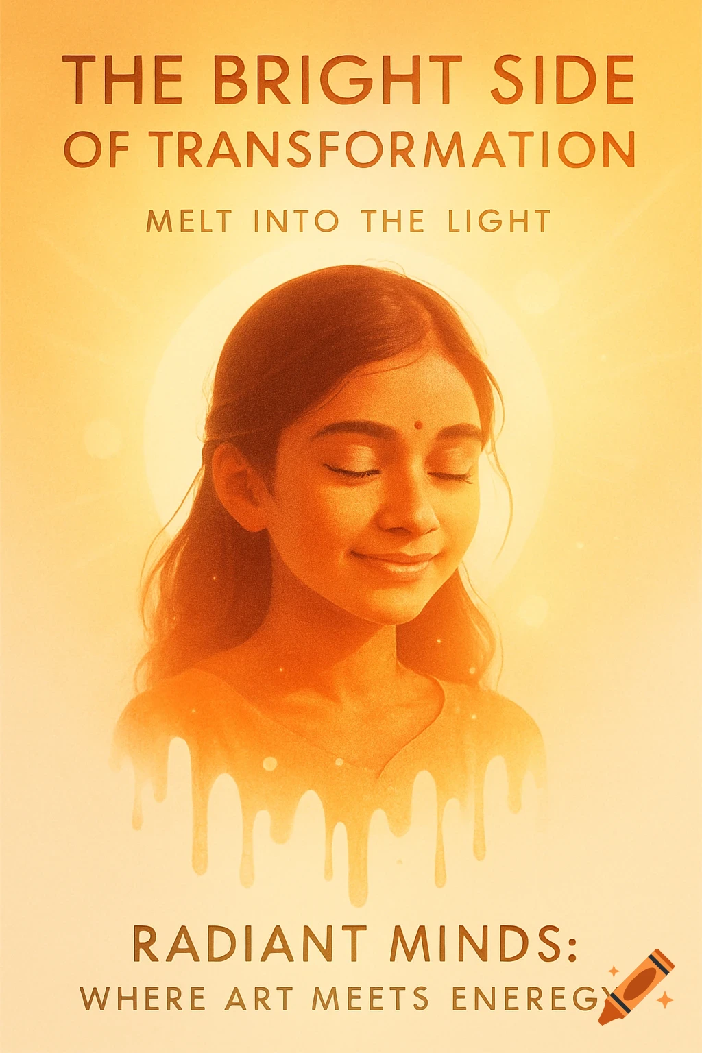 A glowing poster with an Indian girl's serene portrait, her form melting into golden light, against an orange gradient with motivational text.