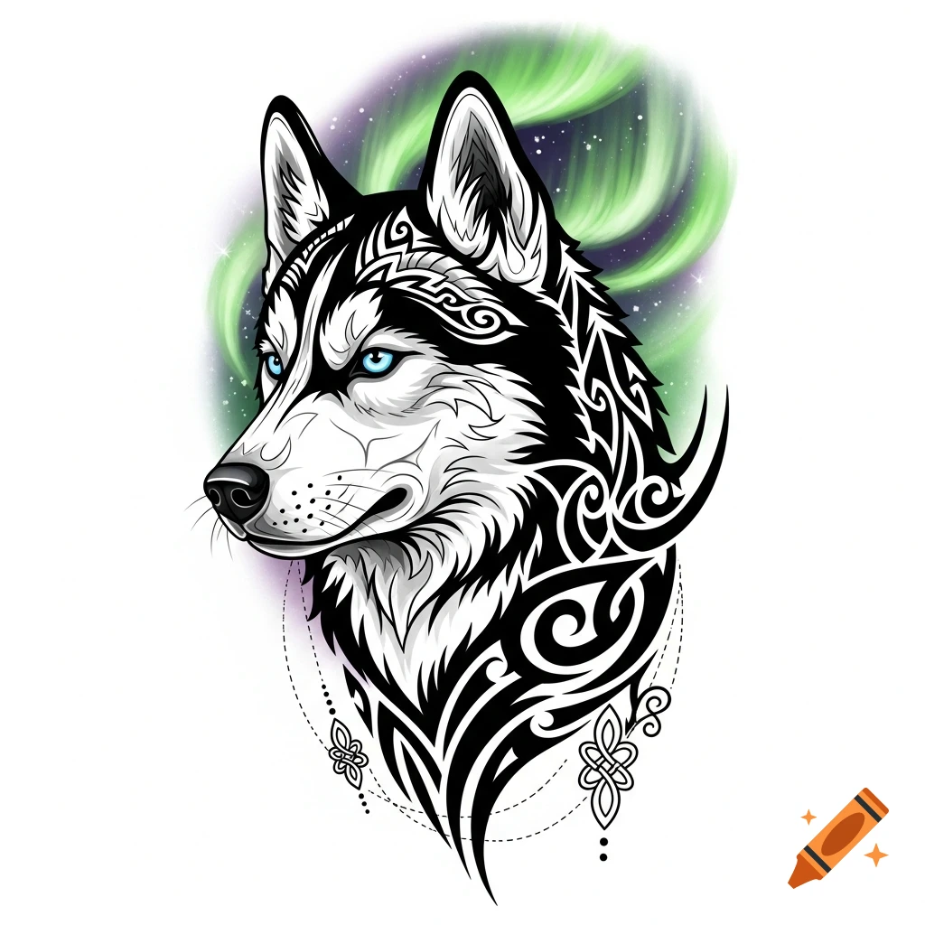 Stylized black and white husky head with blue eyes in a tribal tattoo design, set against a green and purple aurora borealis background.