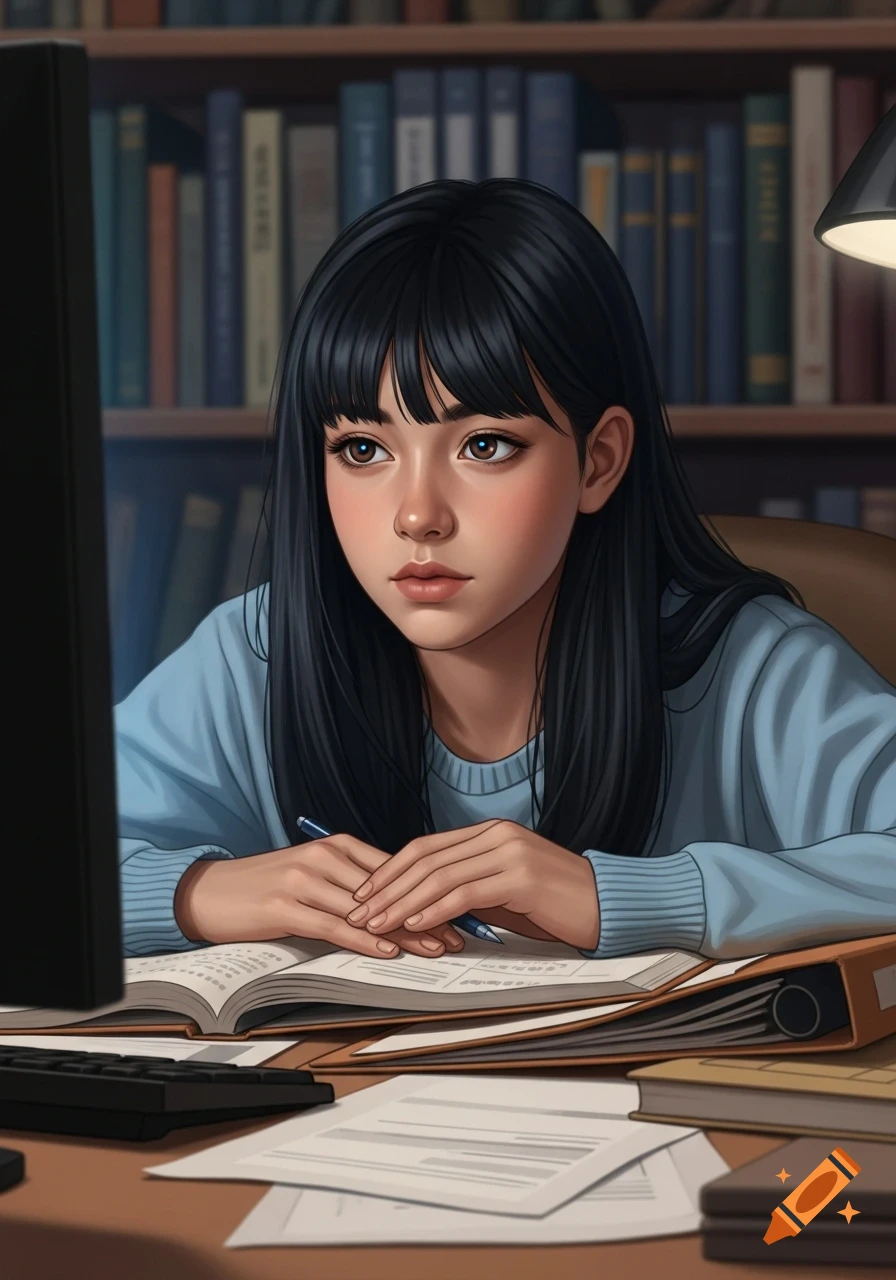A digital illustration of a dark-haired girl studying at a desk with an open book, looking at a computer screen. Bookshelves are in the background.