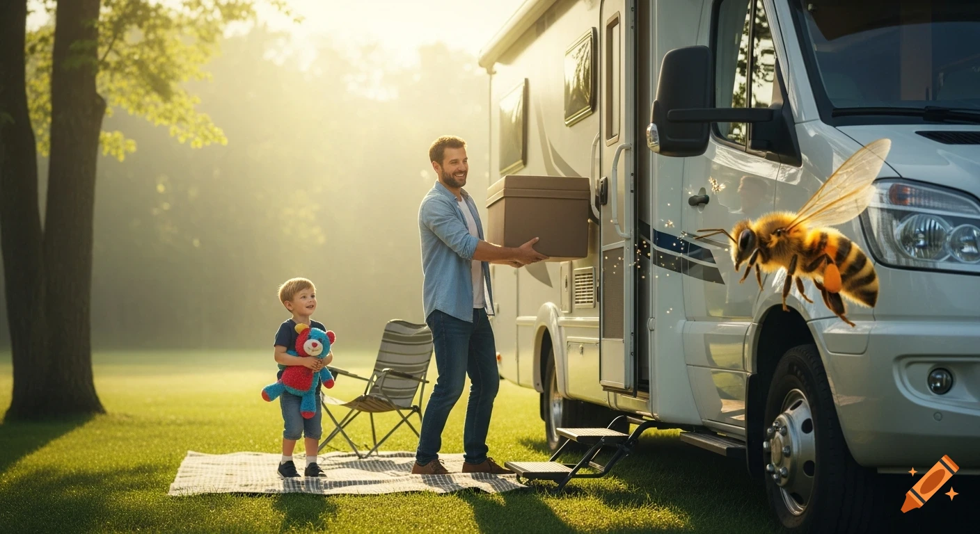 A dad loads a brown box into a white RV while his child holds a stuffed animal on a sunny lawn, with a large bee near the RV door.