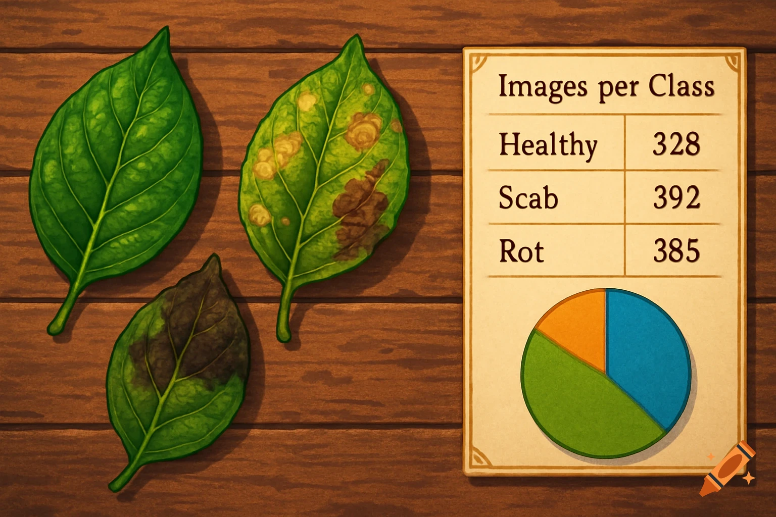 Illustrative image of three leaves (healthy, scab, rot) on a wooden surface, next to a chart showing image counts per class with a pie chart.