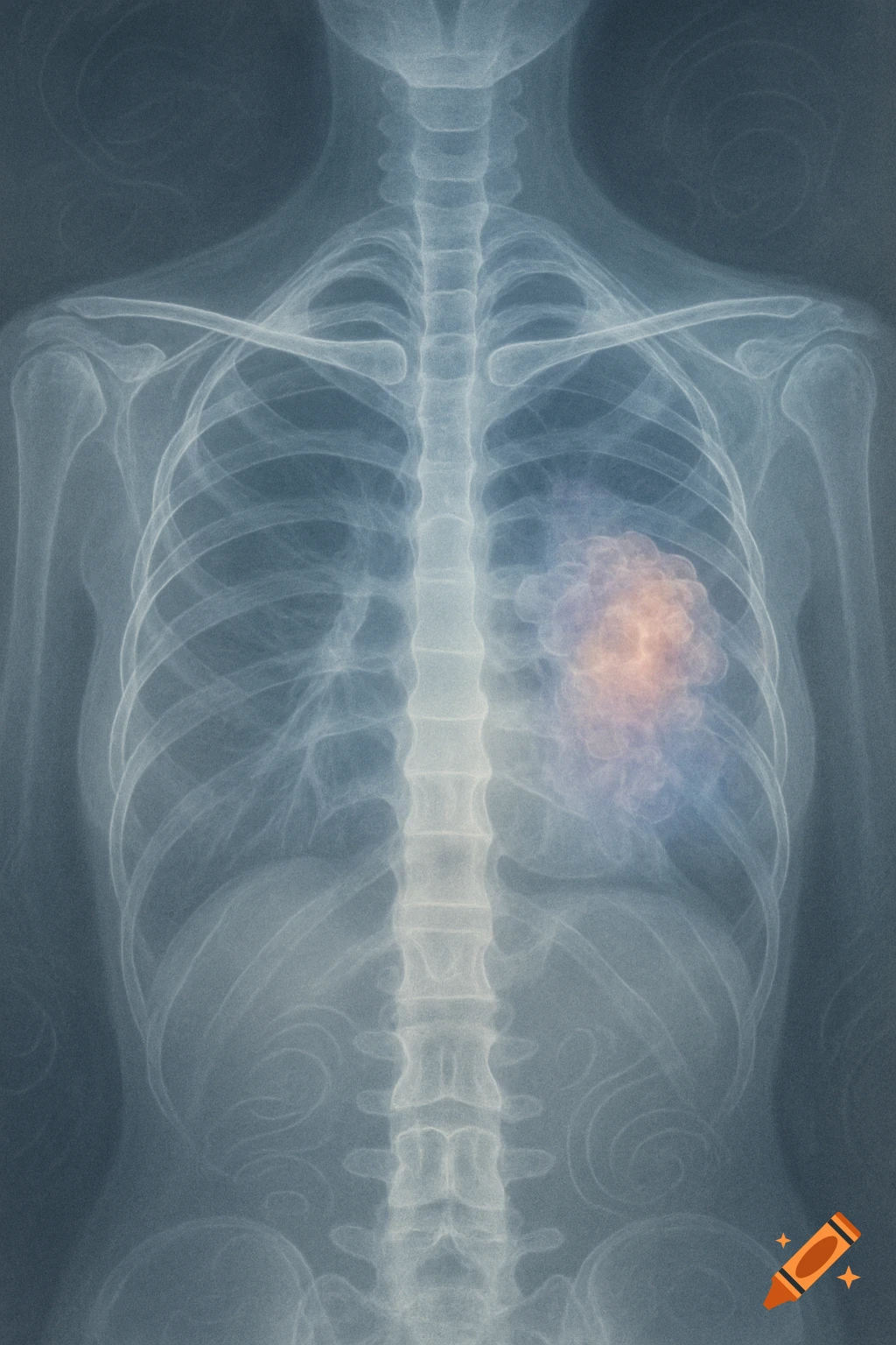 An X-ray of a human torso showing a prominent, irregular tumor in the lung.