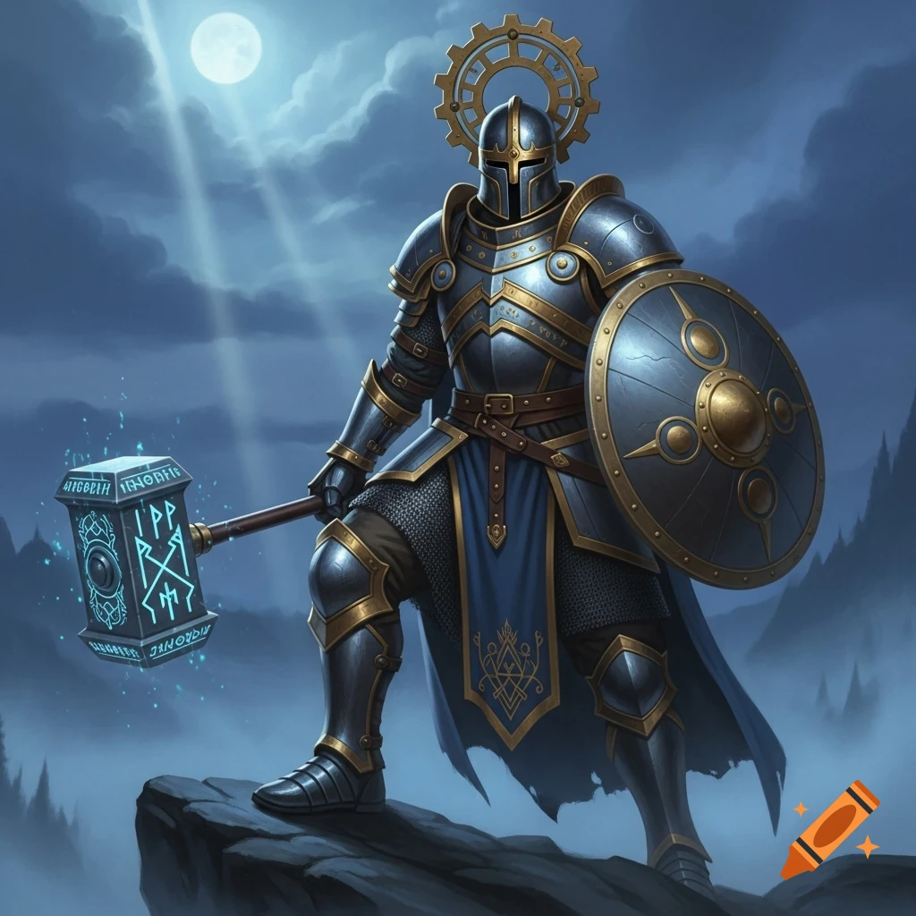 A fantasy knight in full silver and gold armor, holding a glowing runic warhammer and shield, stands on a rock under a full moon.