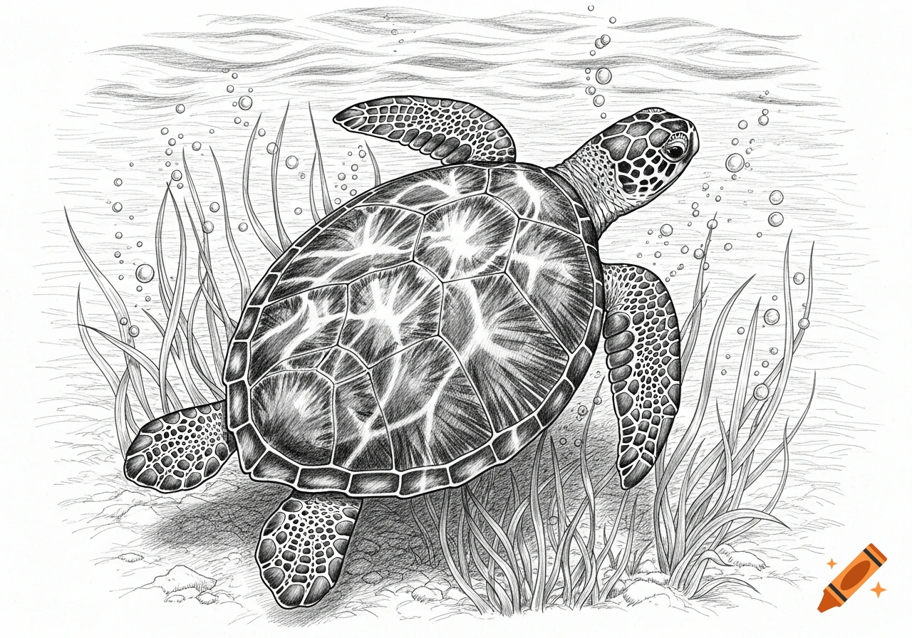 A detailed pen and ink drawing of a sea turtle swimming among seagrass and bubbles underwater.