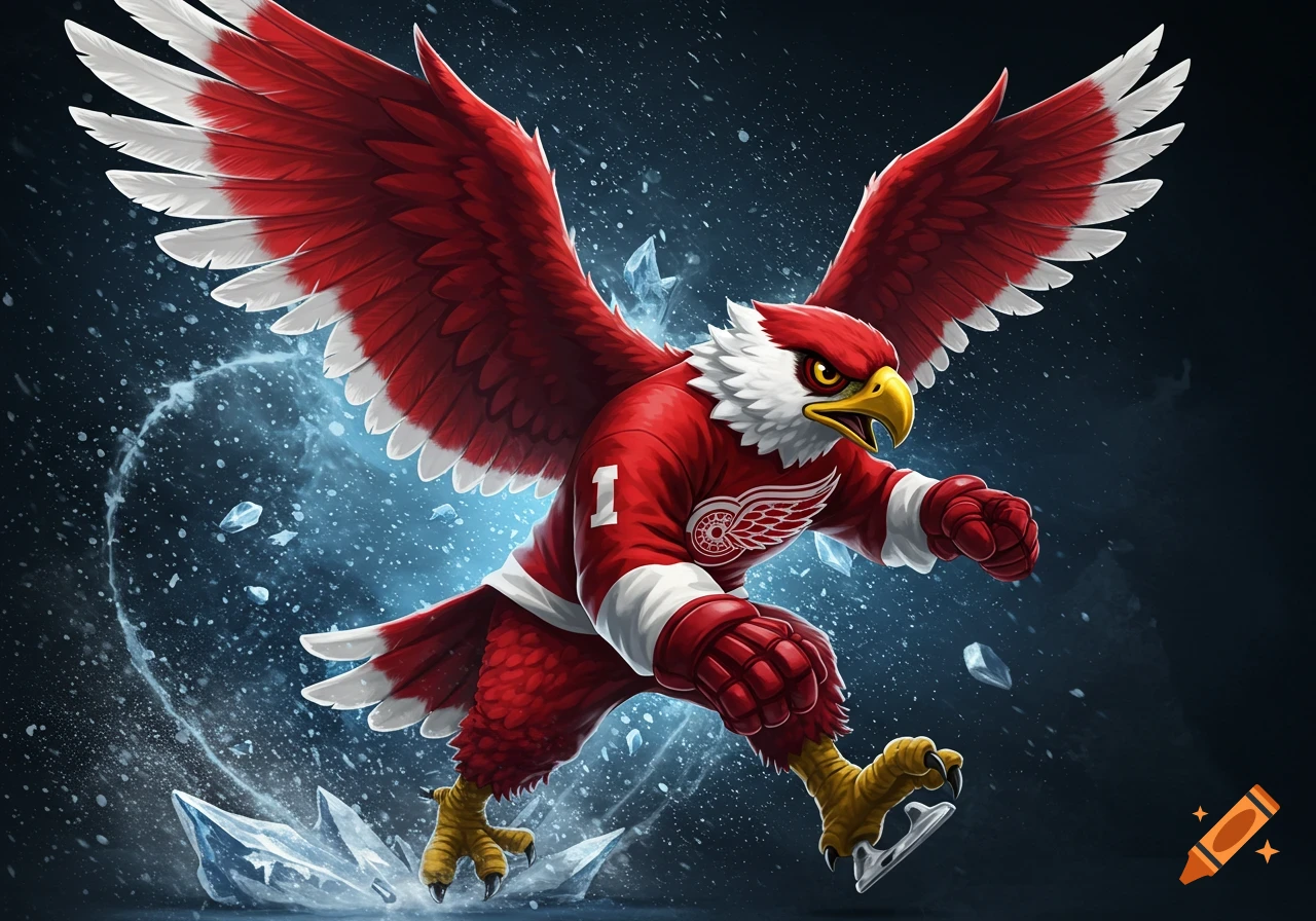 A red and white eagle mascot, wearing a Detroit Red Wings hockey jersey with the number 1, skates on ice, breaking ice shards.