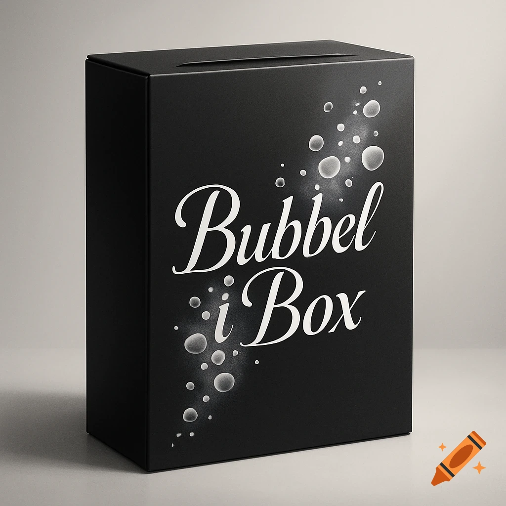 A sleek black product box features "Bubbel i Box" in white script with white bubbles floating around it, set against a light background.