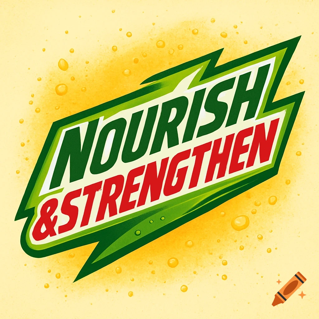 A logo in the style of Mountain Dew, featuring the green and red text "NOURISH & STRENGTHEN" on a yellow bubbly background.