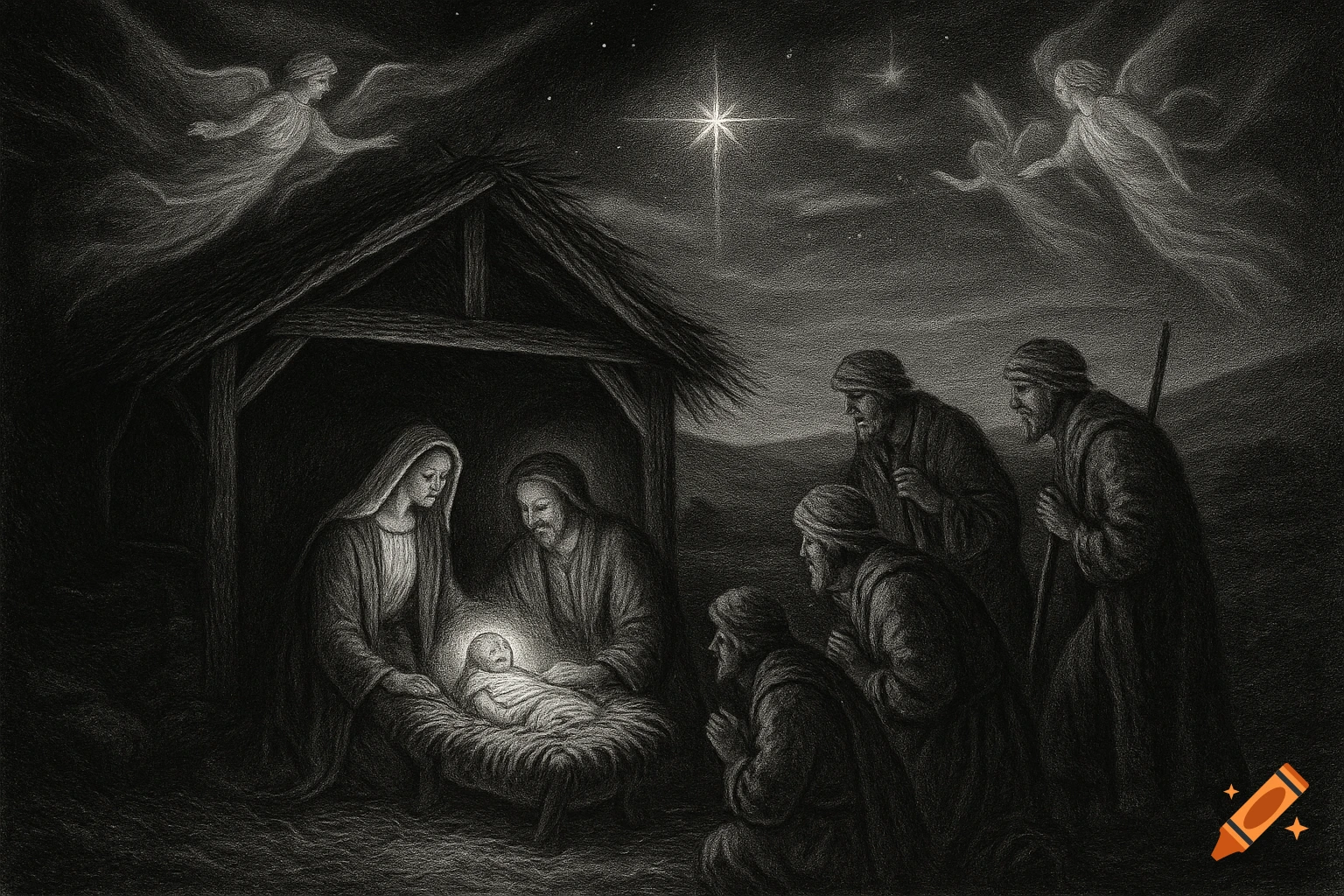 Black and white pencil drawing of the Nativity scene with Mary, Joseph, baby Jesus, kneeling shepherds, and angels under the Star of Bethlehem.