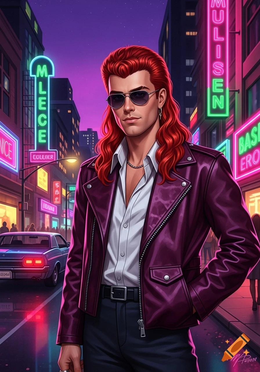 Illustrative image of a man with a red mullet, sunglasses, and purple leather jacket on a neon-lit city street at night.