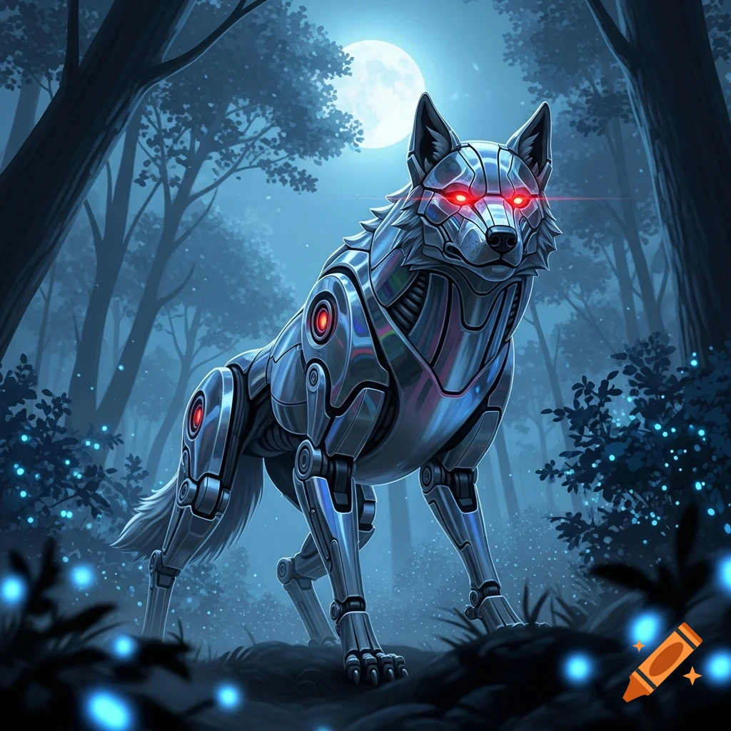 A metallic robot wolf with glowing red eyes stands in a dark forest under a full moon, with glowing blue particles on the ground.