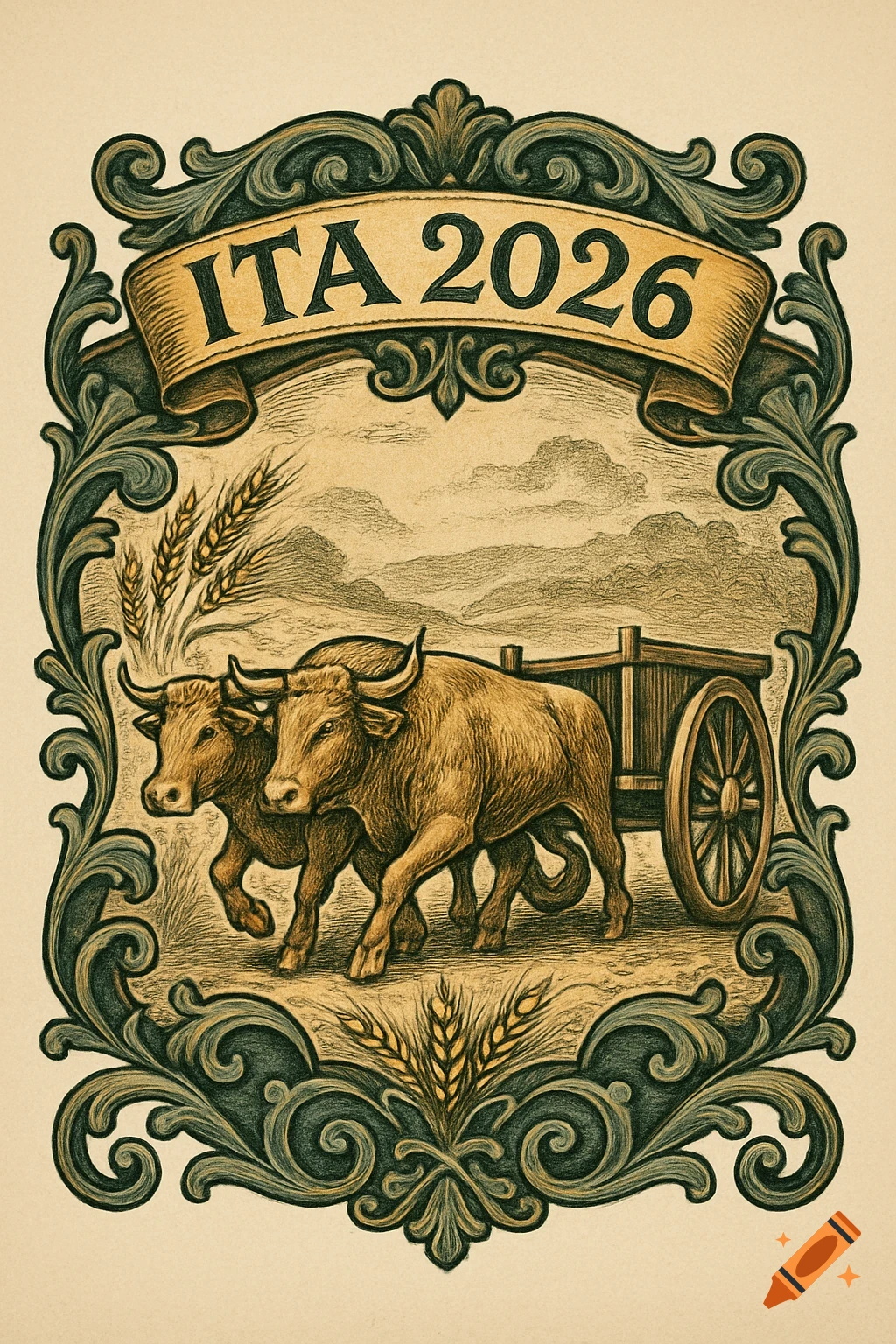 A vintage-style emblem featuring two oxen pulling a wooden cart, with wheat stalks and an ornate frame, topped by a banner reading "ITA 2026".