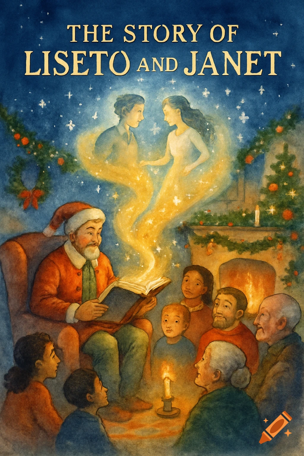 Watercolor illustration of Santa reading "The Story of Liseto and Janet" to a multi-generational audience, with a glowing couple in a magical mist above, in a festive room with a fireplace and Christmas decorations.