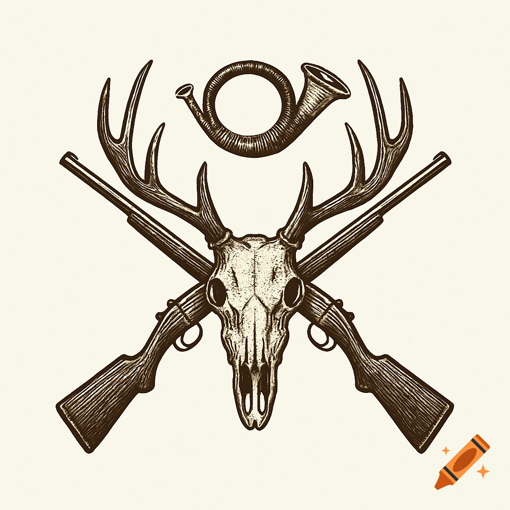 Vintage illustration of a deer skull with antlers, crossed rifles, and a hunting horn, on a white background.