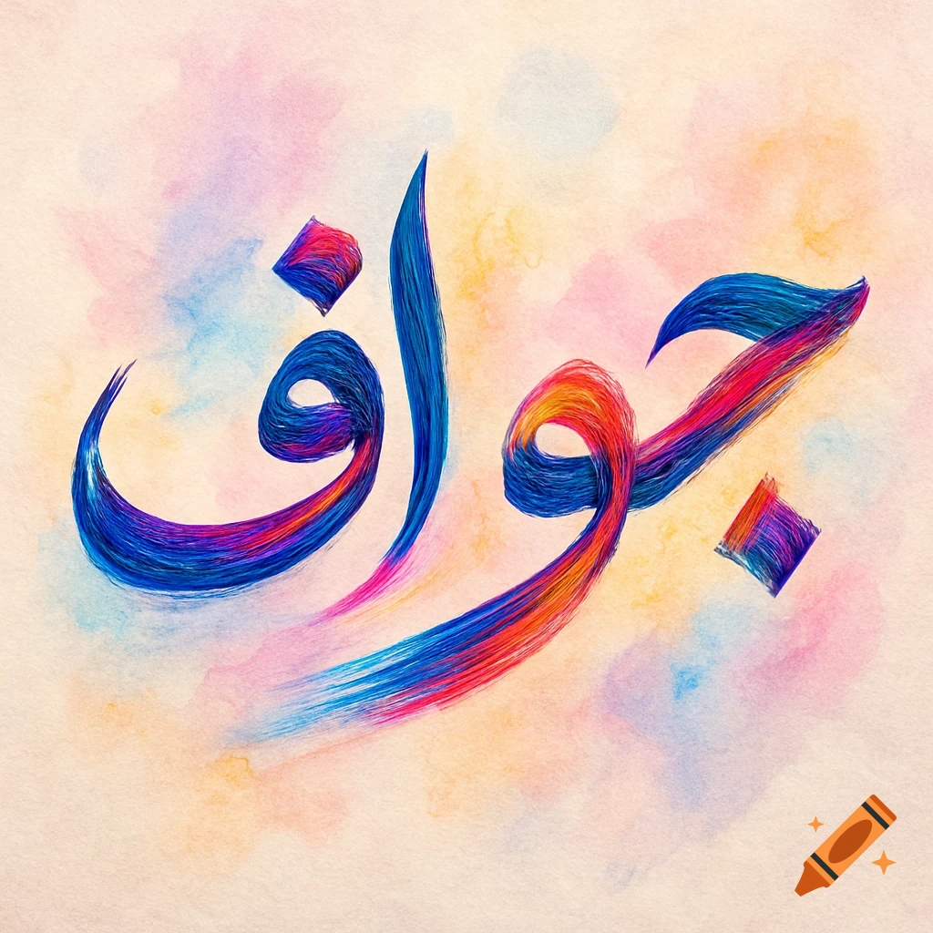Colorful artistic Persian calligraphy, resembling vibrant paint strokes or fibers, on a textured light background.
