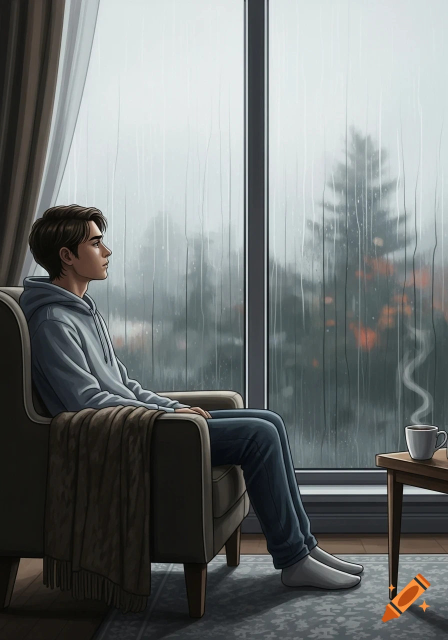 An illustrated thoughtful young adult in a hoodie sits by a window, looking out at a rainy day with a steaming mug nearby.