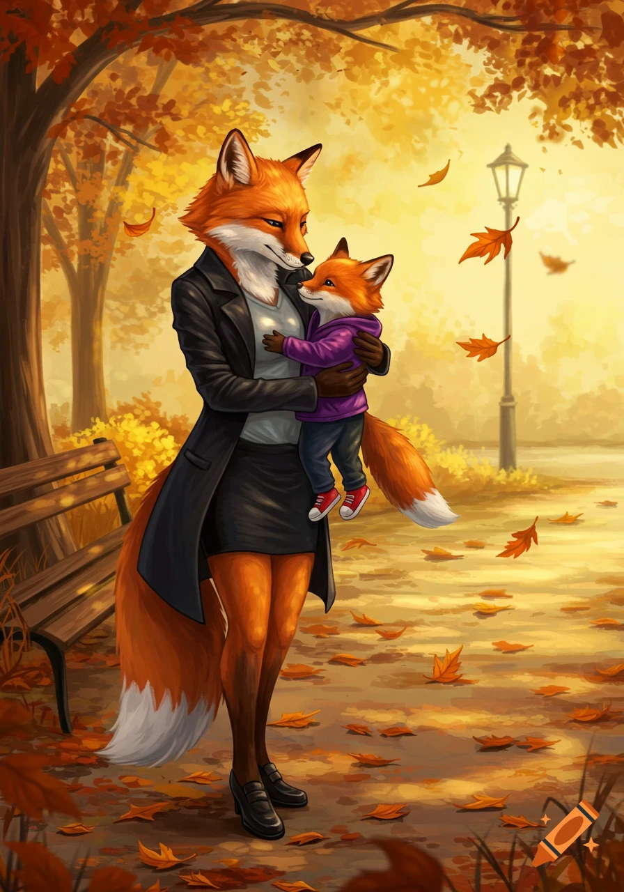 An anthropomorphic fox mother in a coat and skirt carries her son in a purple jacket in an autumn park with fallen leaves.