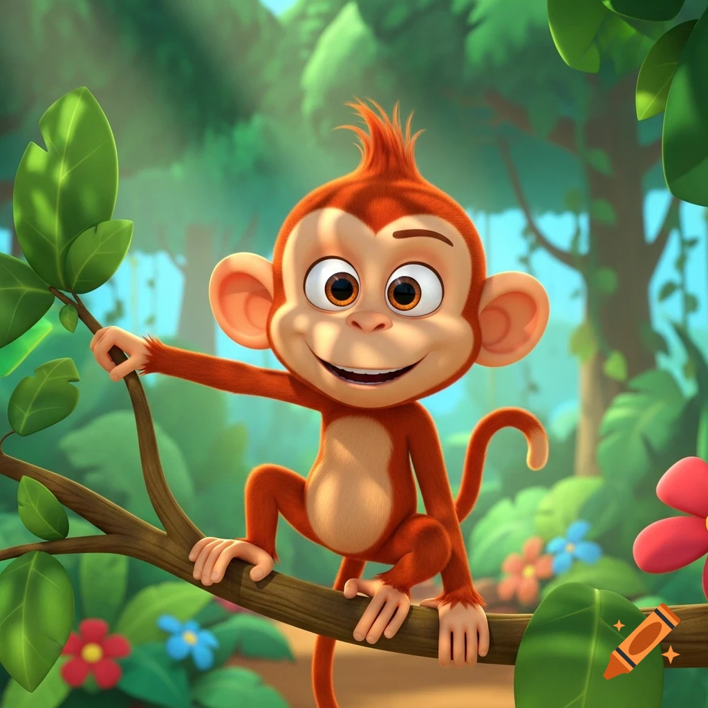 A cute, smiling 3D animated cartoon monkey with reddish-brown fur sits on a tree branch in a lush green jungle.