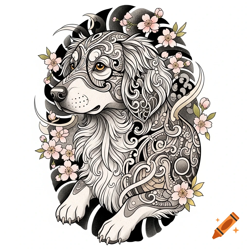 Detailed dog in black and white with swirling patterns and pink cherry blossoms, Japanese tattoo style.
