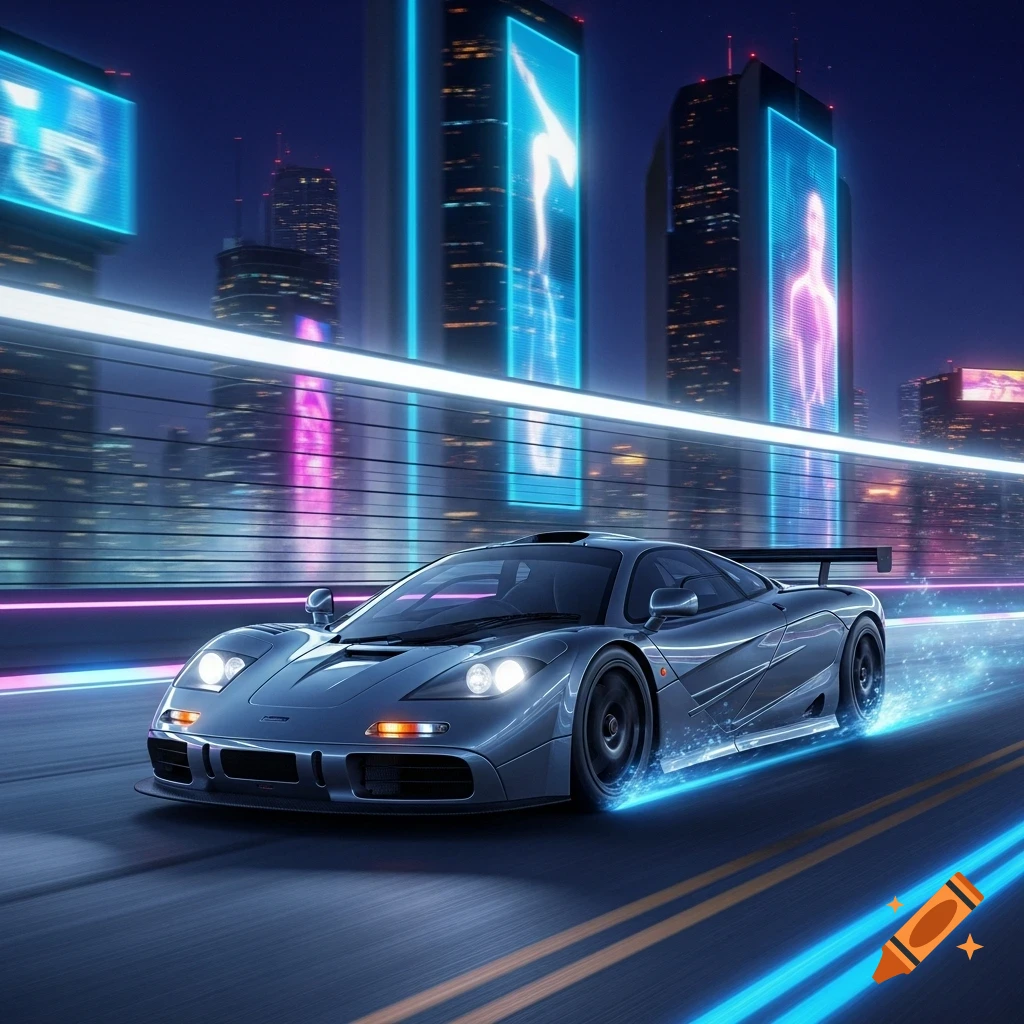 A sleek grey McLaren F1 GTR sports car speeds down a futuristic neon-lit city street at night, leaving blue light trails.