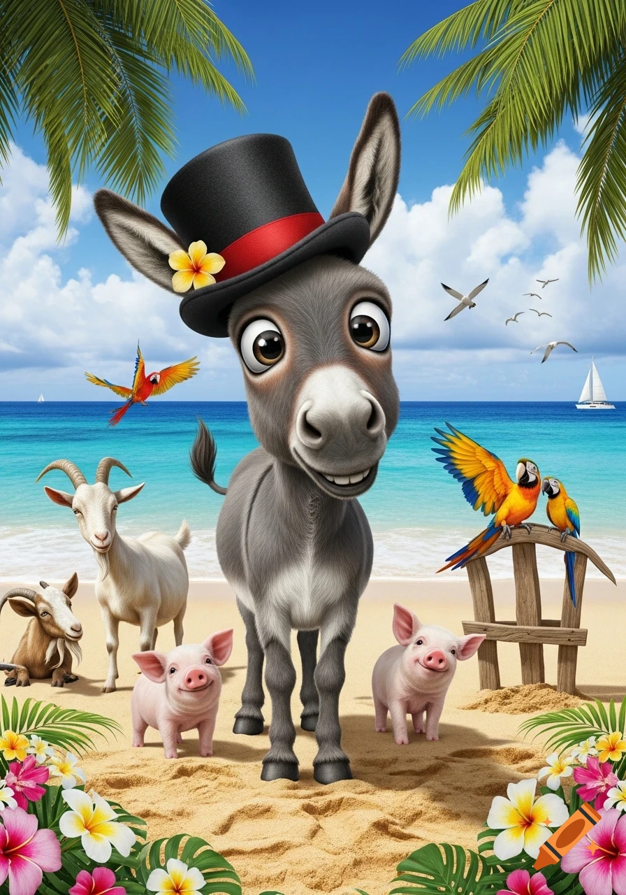 A cute cartoon donkey wearing a top hat on a tropical beach with goats, piglets, and parrots, under palm trees and a bright blue sky.