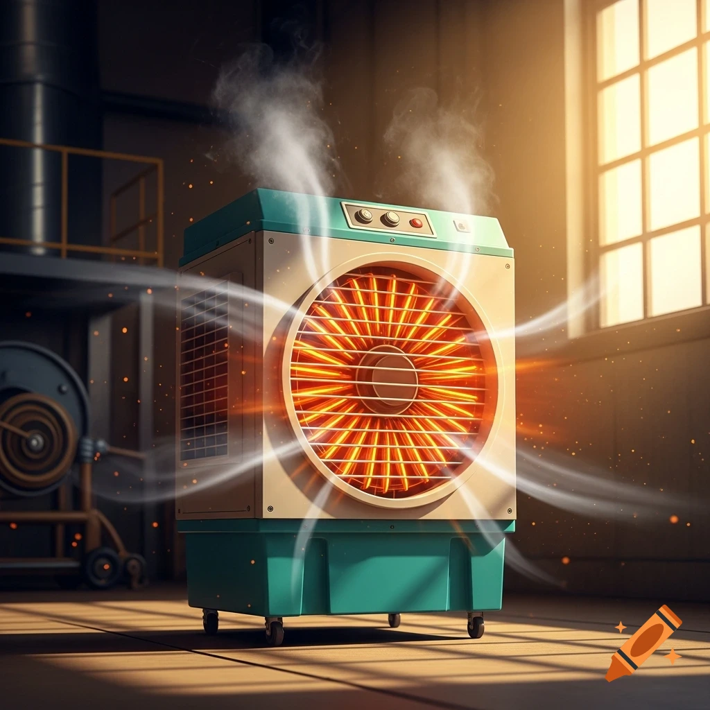 An aqua and beige air cooler glowing orange and emitting steam and light streaks in an industrial room.