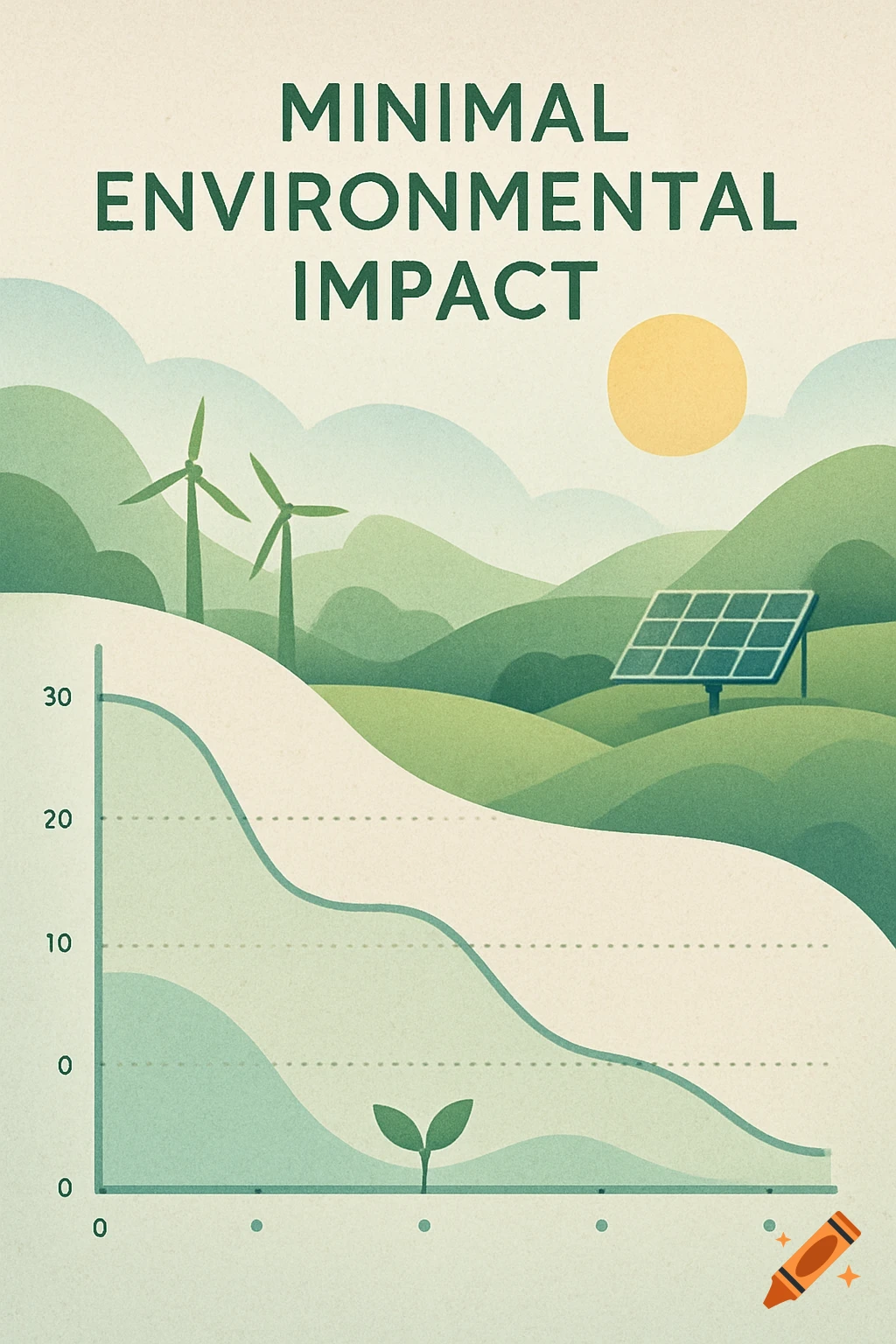 Stylized illustration of a green landscape with wind turbines, a solar panel, and a line chart titled 'MINIMAL ENVIRONMENTAL IMPACT'.