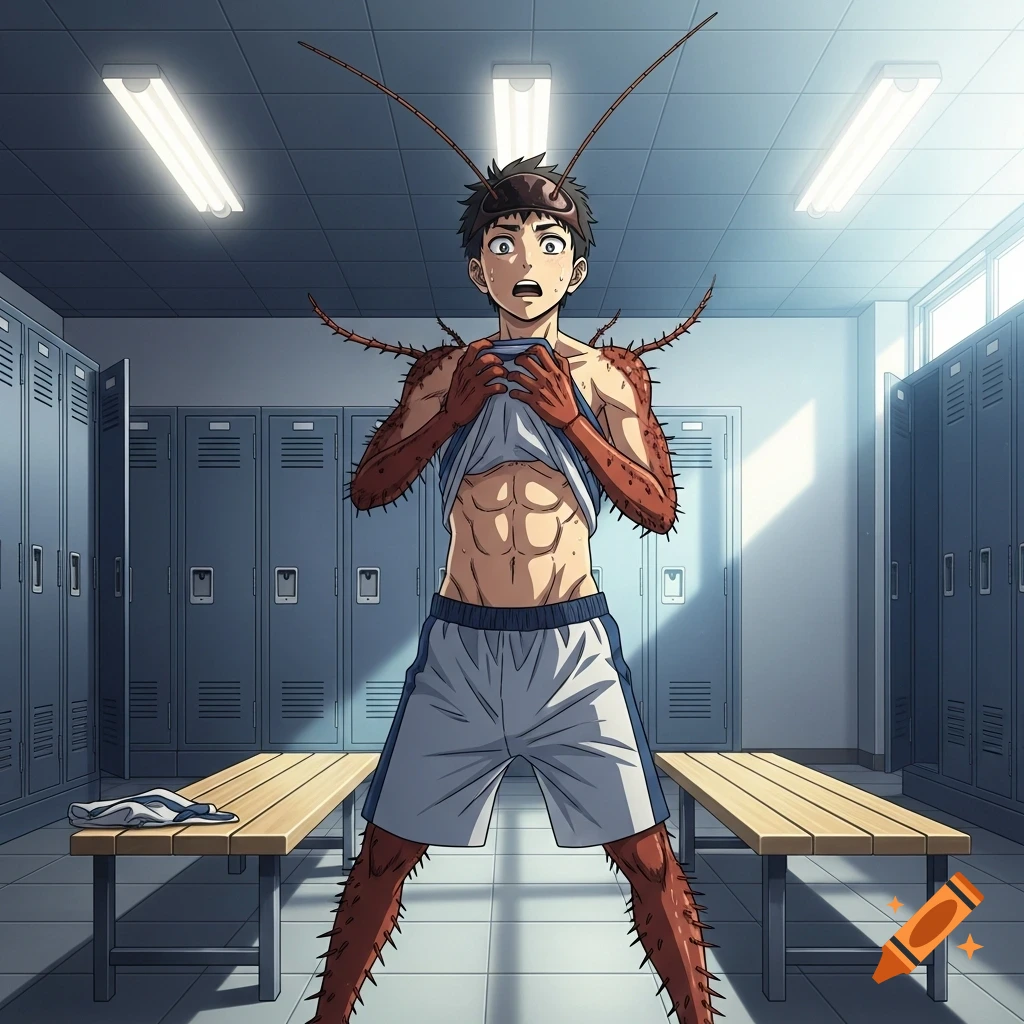 Anime-style illustration of a shocked young man with cockroach-like chitin skin and antennae, revealing his abdomen in a locker room.