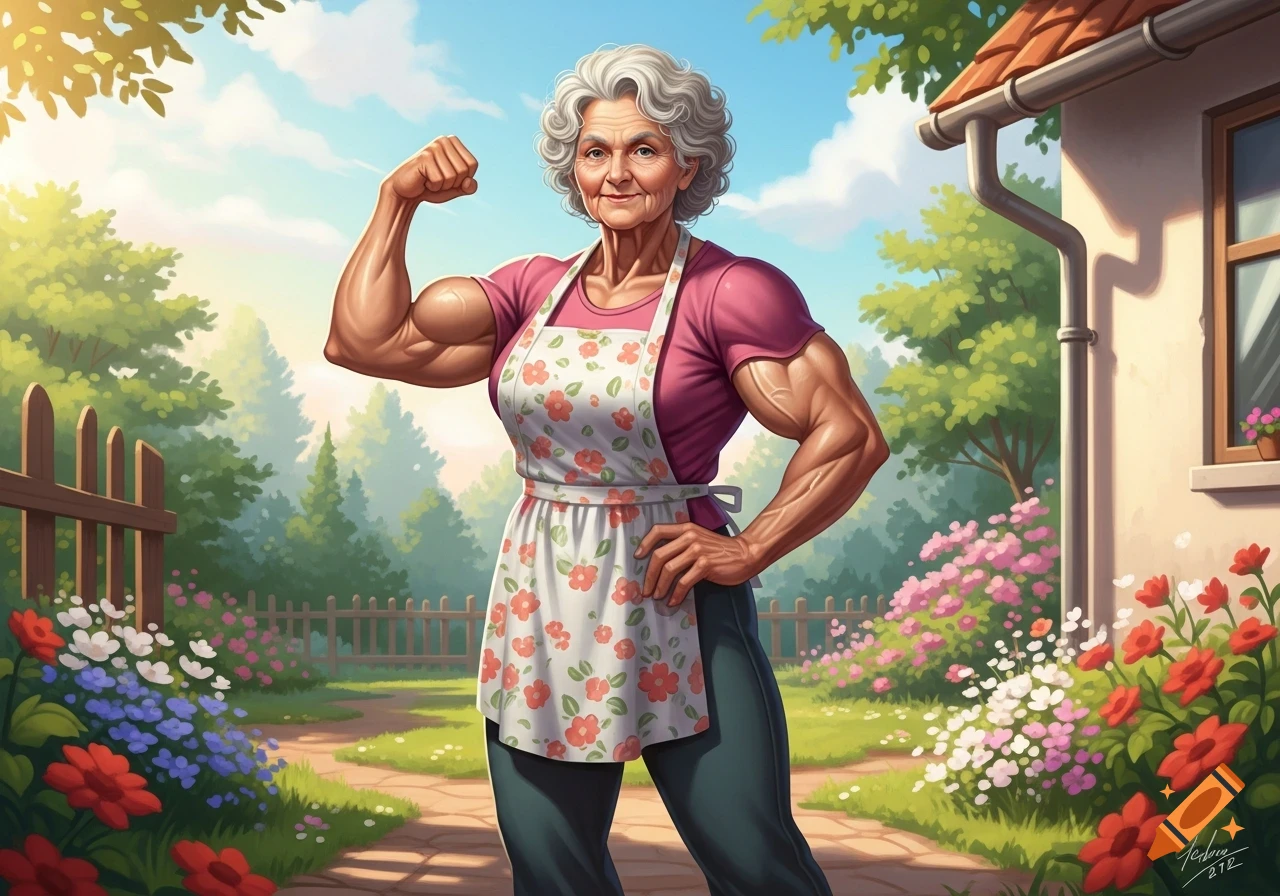 An old woman with powerful muscles flexes in a sunny, colorful garden, wearing a pink shirt and floral apron.