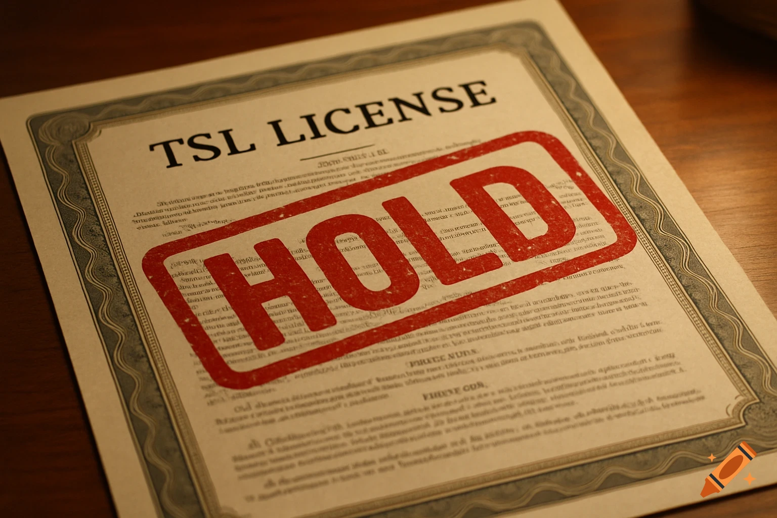 A beige document titled "TSL LICENSE" on a wooden table, with a large red "HOLD" stamp across its center. Photorealistic style.