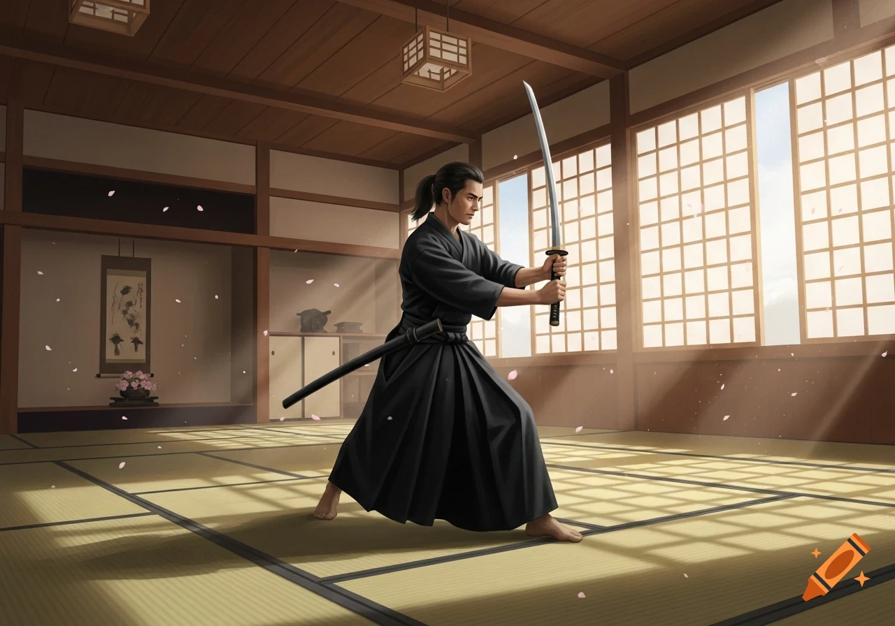 A man in a black gi and hakama holds a katana in a traditional Japanese dojo, with cherry blossoms falling.
